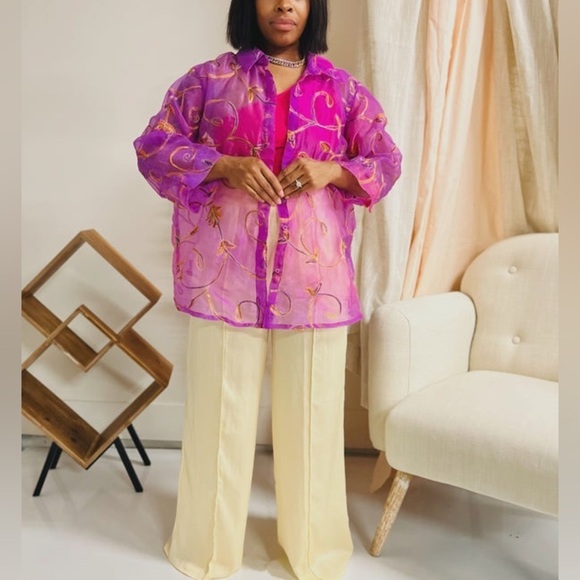 c.l.o.t.h.e.s. Sheer Floral Embroidered Button Front Collared Blouse Purple - Picture 1 of 13